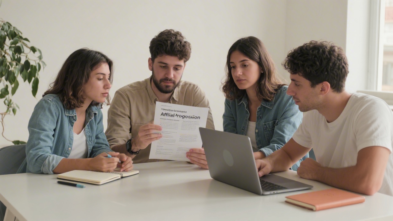 Small team of freelance consultants reviewing affiliate program guidelines on a table, with notebooks and laptops, representing a young Spanish business environment.