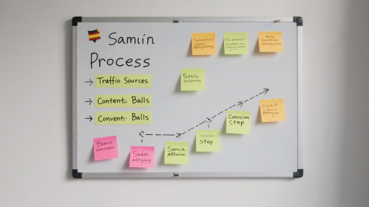 Process board with sticky notes detailing traffic sources, content pillars, and conversion steps for a Spanish affiliate project, photographed in a minimal studio.