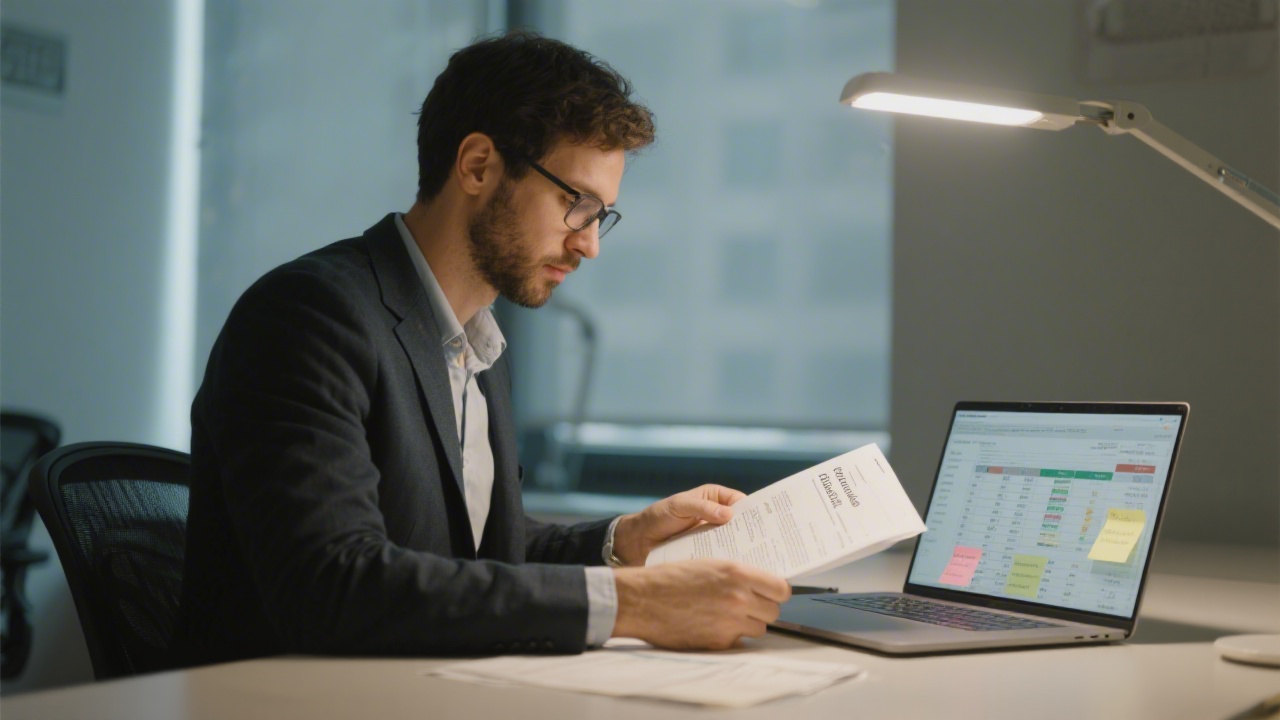 Analyst reading affiliate contracts and GDPR notes, comparing program conditions with spreadsheets and a laptop, in a quiet Madrid office with soft lighting.