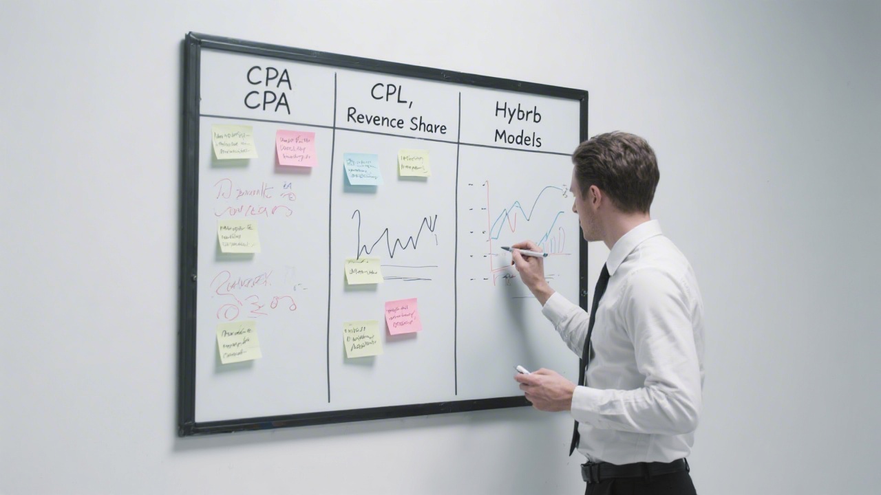 Comparison board with columns for CPA, CPL, revenue share and hybrid models, showing notes and metrics written by a marketing analyst in a clean studio.