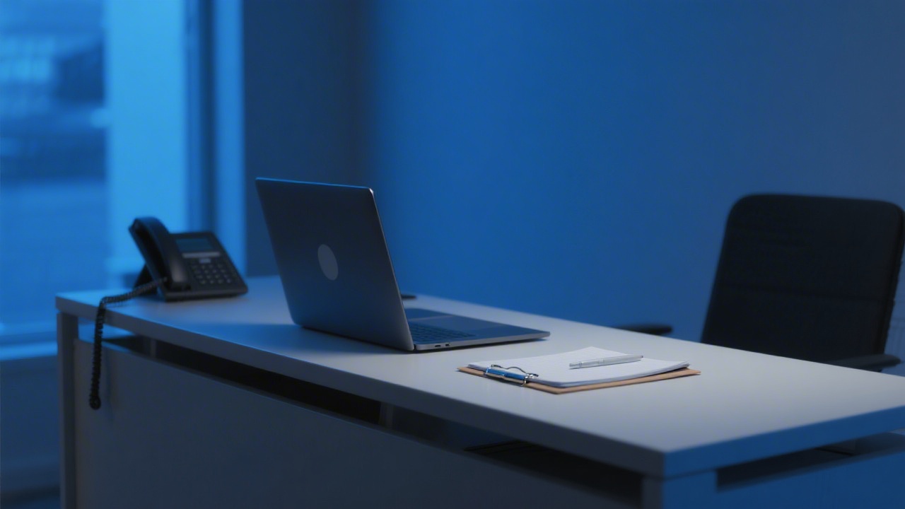 Professional contact desk with laptop, phone and notepad ready for client inquiries in a calm business environment, with blue night background.