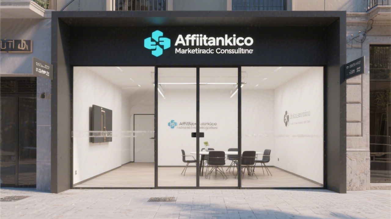 Modern Madrid office entrance with clear signage and minimalist interior, representing a professional place for affiliate marketing consulting meetings.
