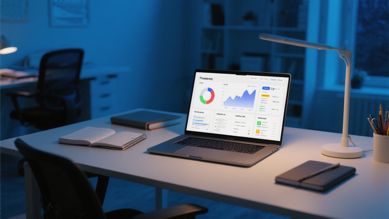 Modern workspace with laptop showing analytics dashboards, notebooks, and a freelancer planning affiliate campaigns in a calm professional Spanish office setting with night blue tones.