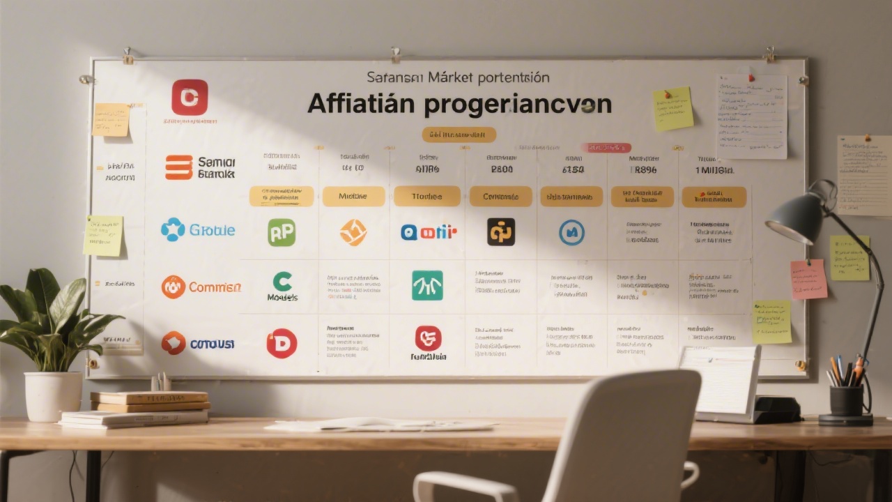 Affiliate program comparison board with logos, commission models, and notes arranged on a desk, showing a structured selection process for Spanish market partnerships.