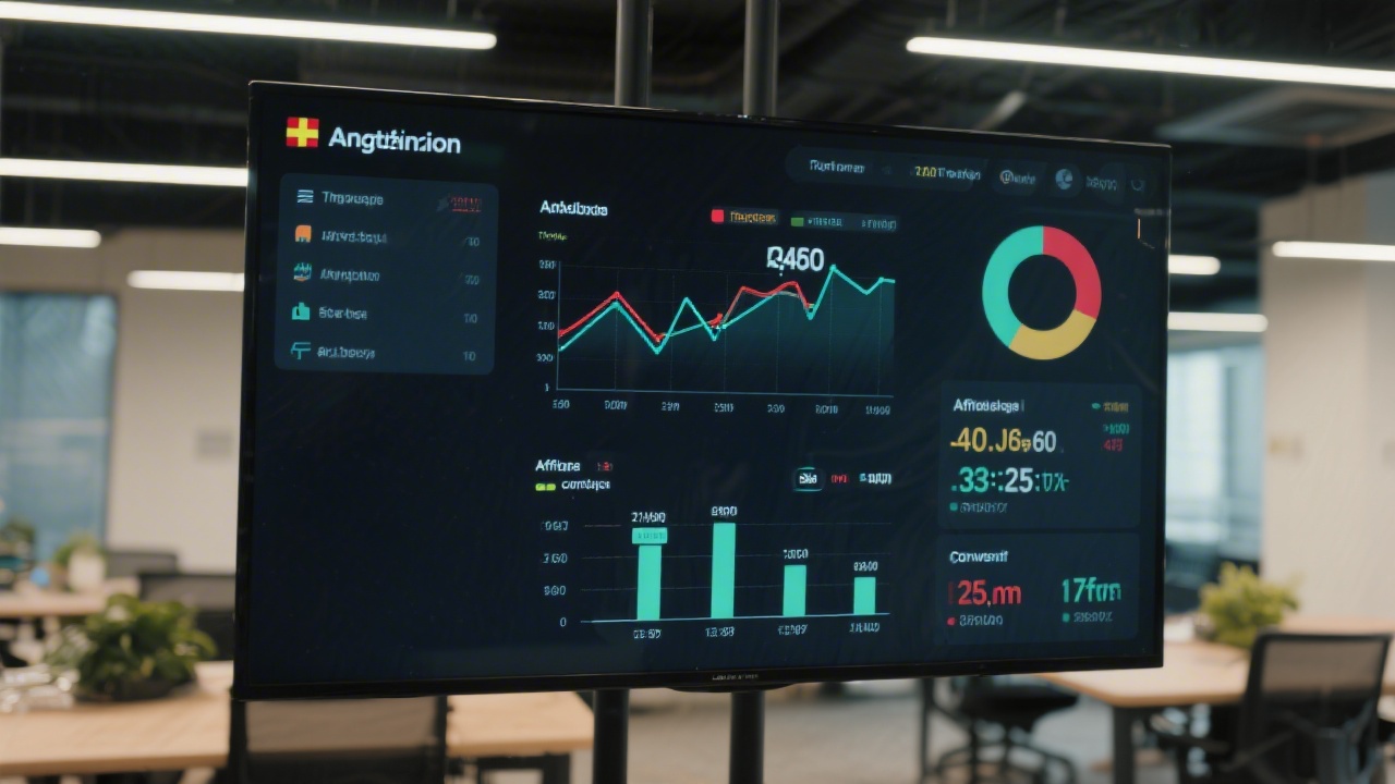 Close view of analytics reports, traffic charts and affiliate conversion metrics on a large screen in a Spanish coworking environment with minimal decor and focused lighting.