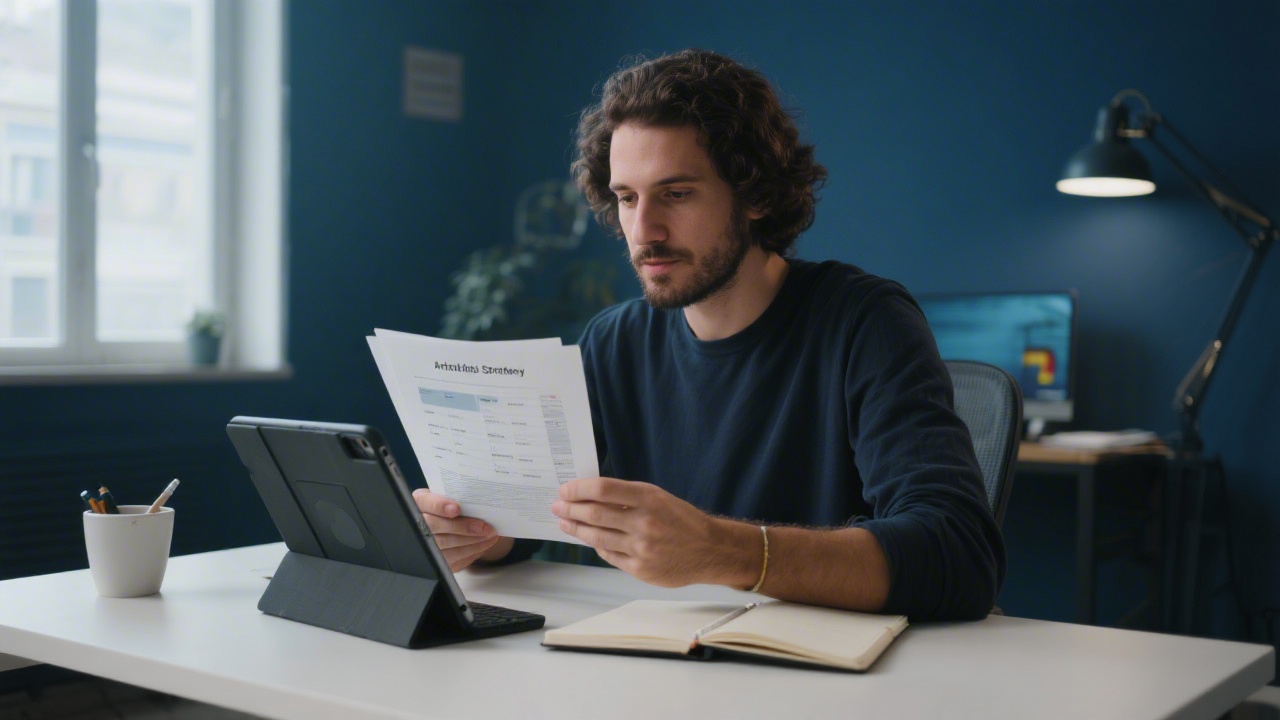 Freelancer reviewing affiliate strategy documents and planning tasks on a tablet and notebook in a modern Spanish studio with dark blue aesthetic.