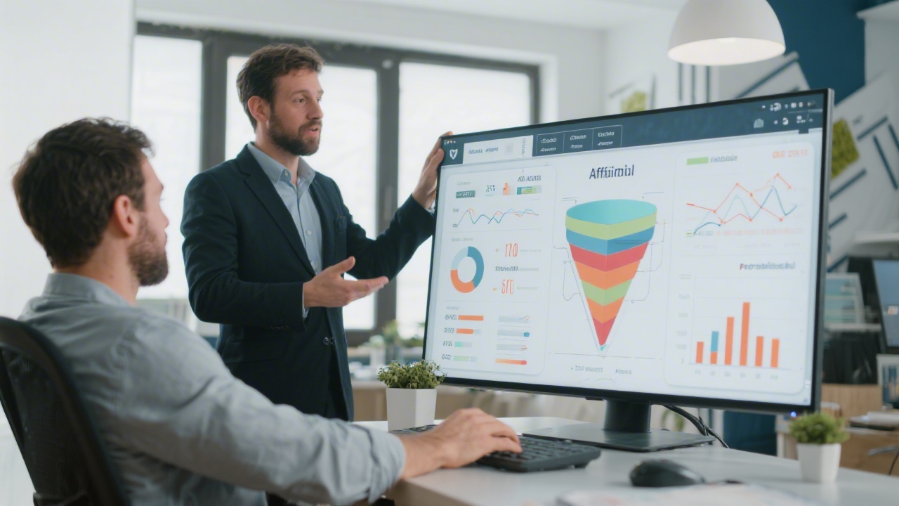 Consultant showing affiliate funnel diagrams and performance metrics on a large monitor to a freelance client in a professional Madrid office.