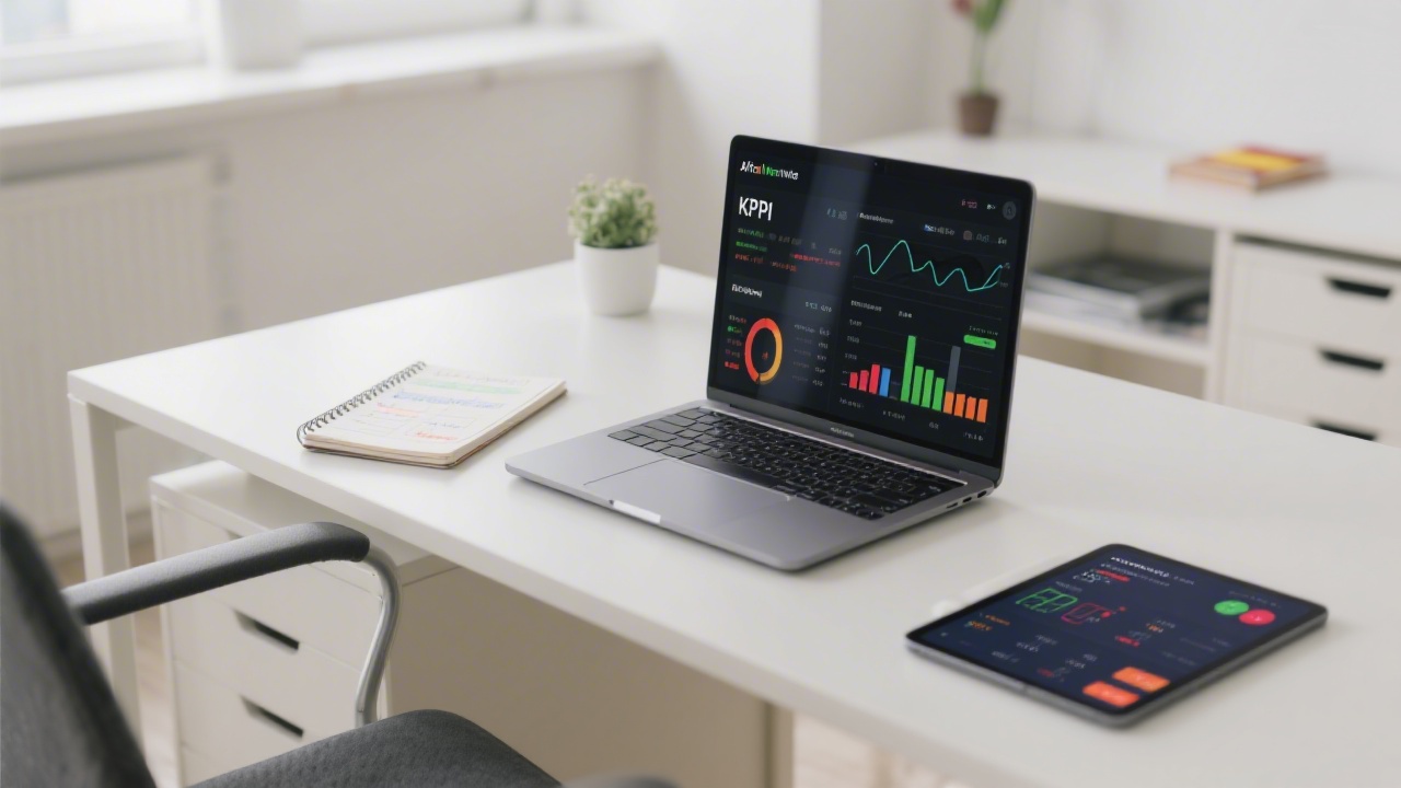 Minimal set of affiliate marketing tools on a desk including laptop, notebook with tracking notes, and tablet showing KPI dashboards in a clean Spanish office setup.
