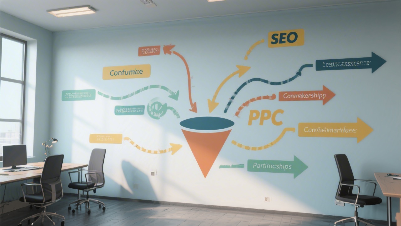 Illustration-style photo of multiple traffic sources on a wall with arrows leading to conversion funnel, representing SEO, PPC, and partnerships in a professional marketing room.